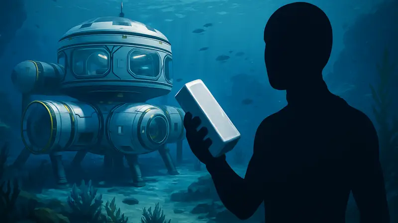 Игрок Subnautica 2 держит в руке титановый слиток, на фоне подводная база.