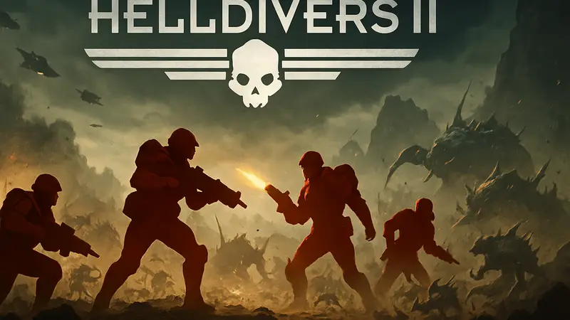 Игроки Helldivers 2 сражаются с врагами, на фоне логотипа игры.