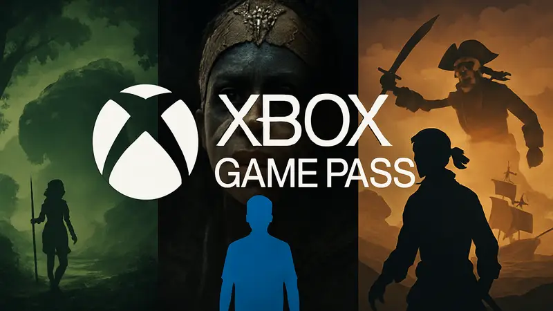 Логотип Xbox Game Pass на фоне обложек игр, пополнивших подписку 12 мая, включая Hellblade II.