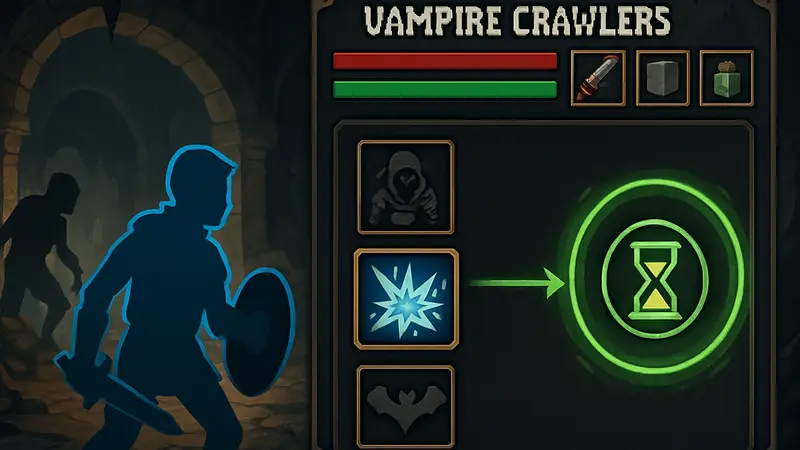 Интерфейс игры Vampire Crawlers с выделенным параметром «Длительность» и его влиянием на способности.