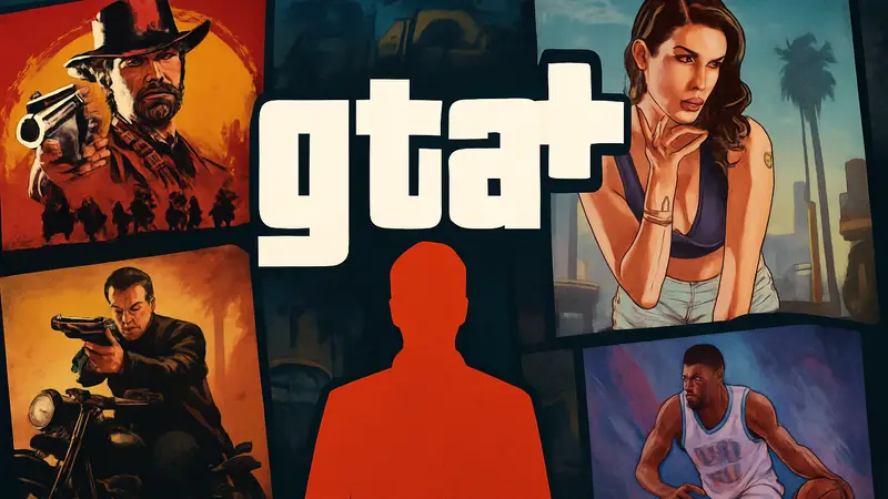 Логотип GTA+ на фоне обложек игр Rockstar и Take-Two, символизирующий расширение подписки.