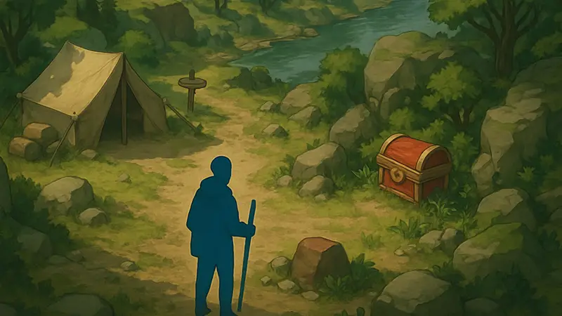 Изображение карты или локации лагеря путника в Windrose, показывающее местонахождение второго сундука и его окружение