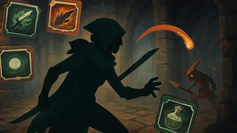 Персонаж Молчаливая из Slay the Spire 2, окруженная картами способностей, в процессе боя, иллюстрация.