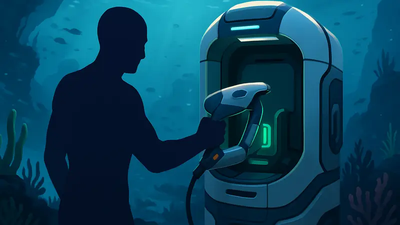 Игрок в Subnautica 2 заряжает подводный инструмент на фоне океанских глубин.