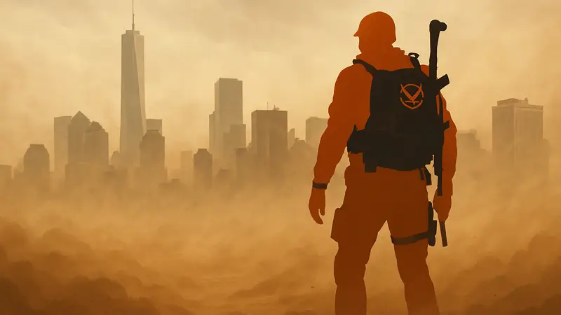 Агент The Division 2 в песчаной буре на фоне зданий Нью-Йорка, ивент Dust Storm