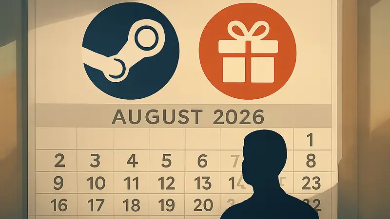 Логотип Steam и значок бесплатной игры на фоне календаря августа 2026 года.
