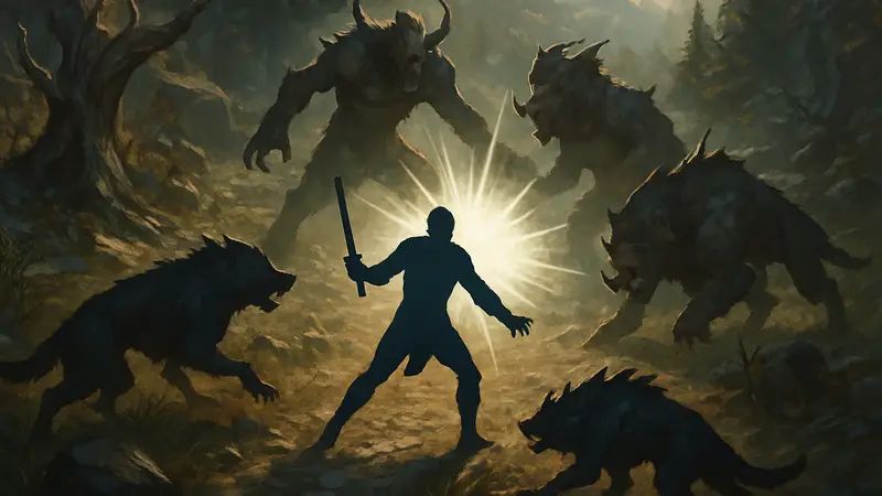 Игровой процесс Grim Dawn Fangs of Asterkarn, вид сверху на битву персонажа с монстрами