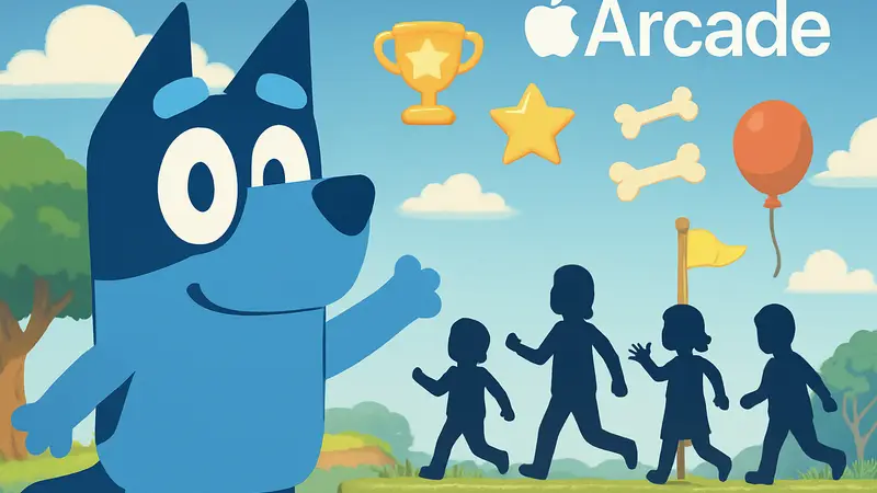 Персонажи Bluey и логотип Apple Arcade на фоне игрового события.