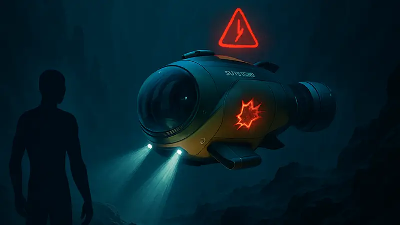 Батискаф Tadpole из Subnautica 2, погружающийся в тёмные глубины океана, с предупреждением о повреждении корпуса.