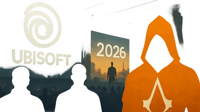Логотип Ubisoft на фоне грядущих игровых релизов 2026 года и игры Assassin's Creed.