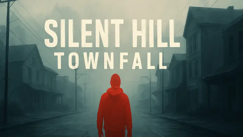 Логотип Silent Hill: Townfall на фоне туманного города
