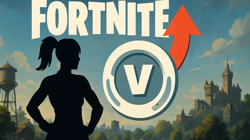 Логотип Fortnite с символом V-баксов и стрелкой, указывающей на повышение цен в игре.