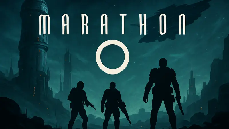 Логотип шутера Marathon от Bungie на тёмном фоне с элементами научно-фантастической графики.