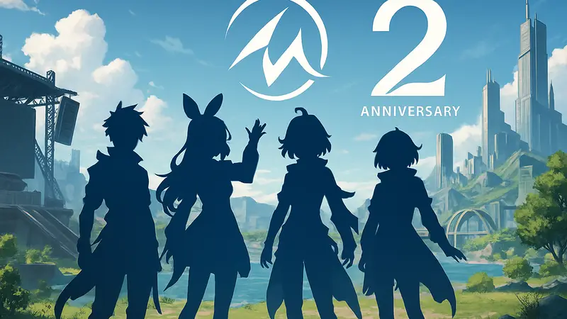 Арт из Wuthering Waves с изображением новых персонажей и логотипа второй годовщины игры.