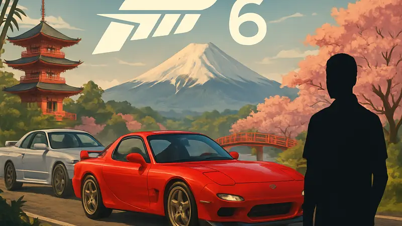 Обложка игры Forza Horizon 6 с японскими машинами и пейзажами, подчёркивающая азиатский саундтрек