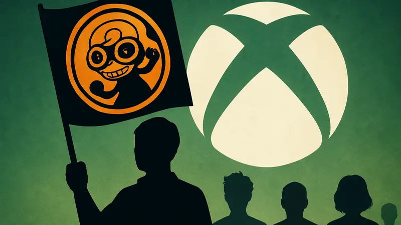 Логотип Double Fine или символика профсоюза на фоне логотипа Xbox