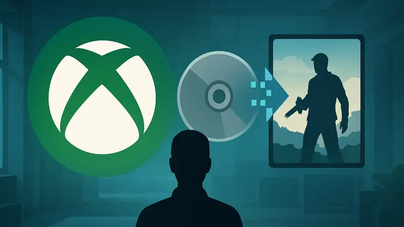 Логотип Xbox, физический диск и цифровая копия игры, процесс оцифровки