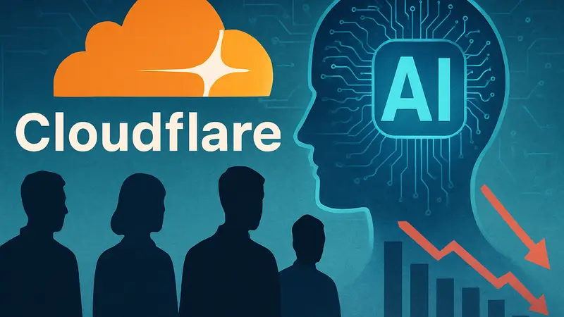 Логотип Cloudflare на фоне схематичного изображения искусственного интеллекта и снижения графиков занятости