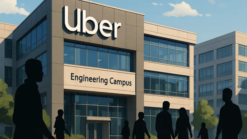 Логотип Uber на здании с надписью 'Инженерный кампус' в Индии.