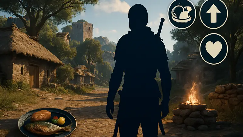 Скриншот Crimson Desert с элементами интерфейса, связанными с едой и статусами персонажа