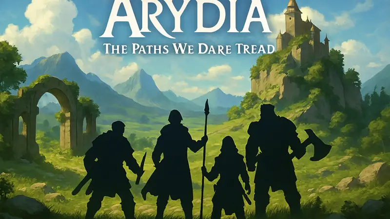 Обложка настольной игры Arydia: The Paths We Dare Tread с фэнтезийными персонажами.