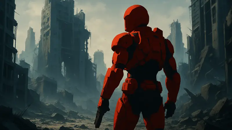 Игровой персонаж из Saros в футуристической броне на фоне разрушенного города.