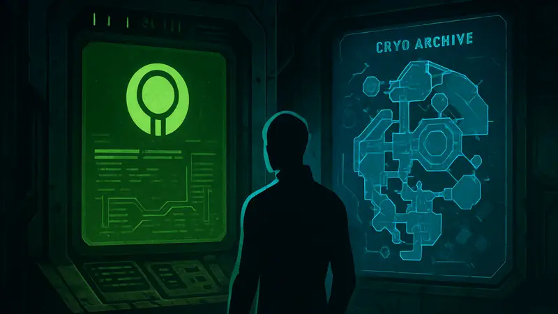 Изображение элементов интерфейса игры Marathon с терминалом и картой Cryo Archive.