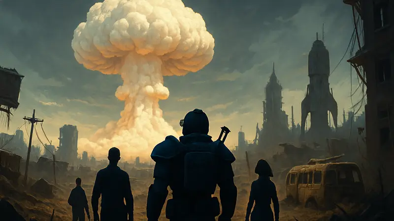 Символическое изображение ядерного гриба на фоне постапокалиптического мира игры Fallout