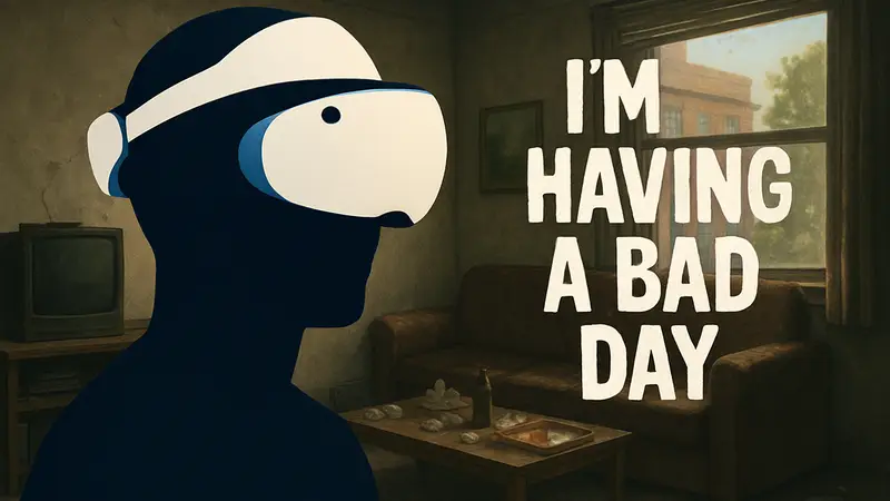 Человек в шлеме PSVR2, логотип новой игры "I'm Having a Bad Day".