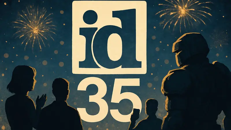 Логотип id Software на фоне праздничной даты 35-летия