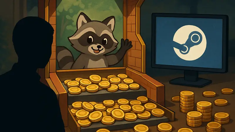 Геймплей игры Raccoin, монеты и енот-персонаж. Успешные продажи в Steam.