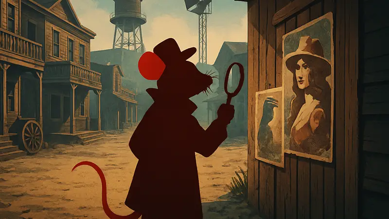 Персонаж Mouse P.I. for Hire в процессе поиска плакатов на локации Western Backlot.