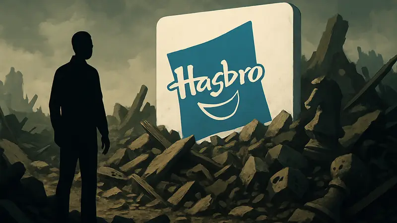 Логотип Hasbro на фоне обломков, символизирующих провал игровой стратегии и финансовые потери