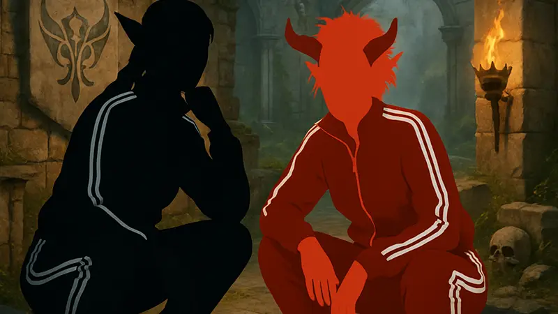 Косплееры Маргарита Жила и Анна Вебер в образах Минтары и Карлах из Baldur's Gate 3 в спортивных костюмах