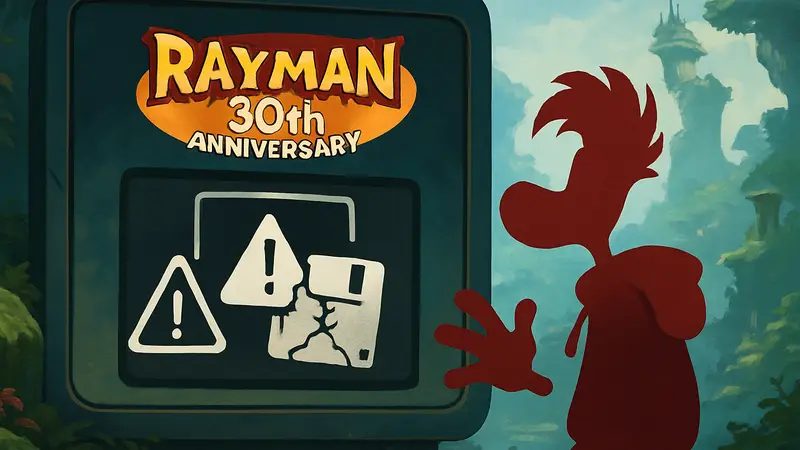 Логотип Rayman 30th Anniversary на фоне экрана с ошибкой сохранения или персонажем Rayman, демонстрирующим проблему.
