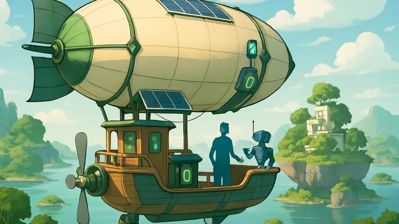 Дирижабль в игре Solarpunk летит над островами, показывая улучшения и Tradebot.