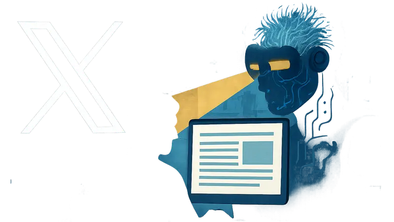 Логотип X (бывший Twitter) и символическое изображение искусственного интеллекта Grok, сканирующего контент.