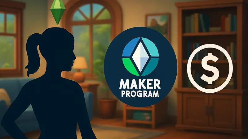 Игровая персона The Sims 4 рядом с логотипом Maker Program и значком доллара