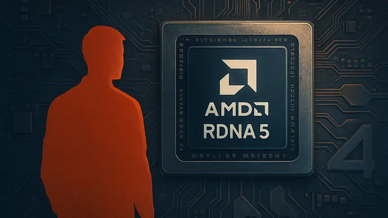 Изображение логотипа AMD Radeon на фоне микросхемы видеокарты RDNA 5.