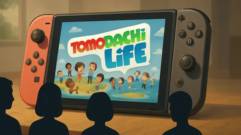 Логотип игры Tomodachi Life: Living the Dream на фоне Nintendo Switch, символизирующий скорый выход.