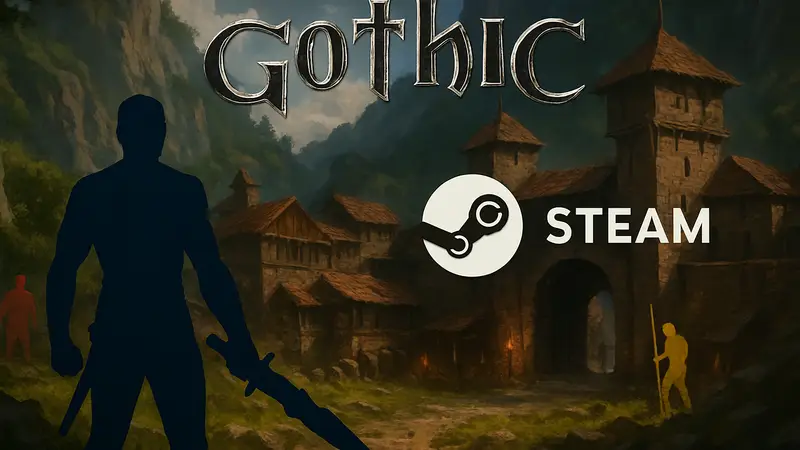 Скриншот из ремейка Gothic с логотипом игры и надписью Steam