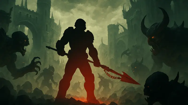 Палач Рока в DOOM: The Dark Ages с цепным копьем в окружении демонов