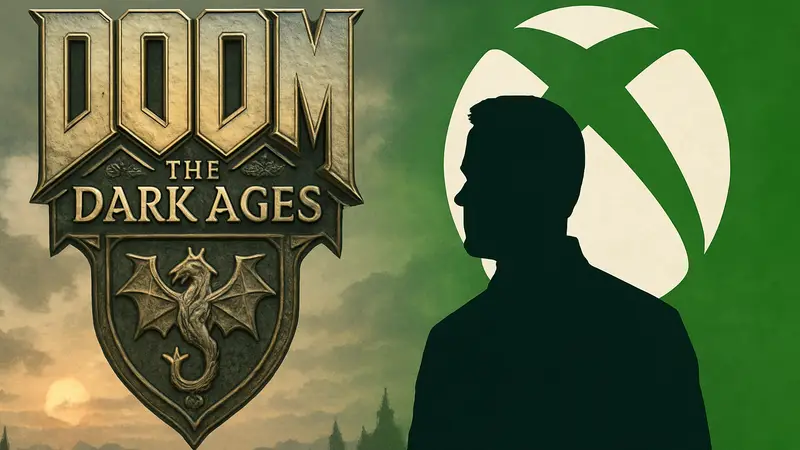 Логотип Doom: The Dark Ages и Хьюго Мартин, директор игры, на фоне символики Xbox.