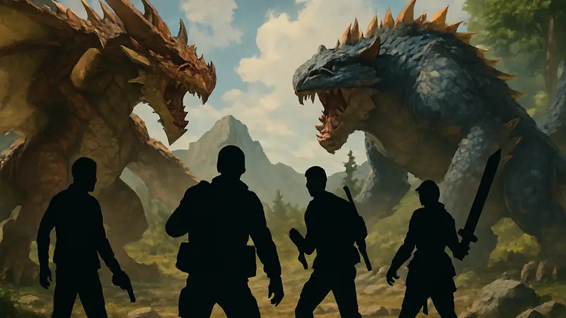 Постер кроссовера Resident Evil Survival Unit и Monster Hunter с главными монстрами и персонажами
