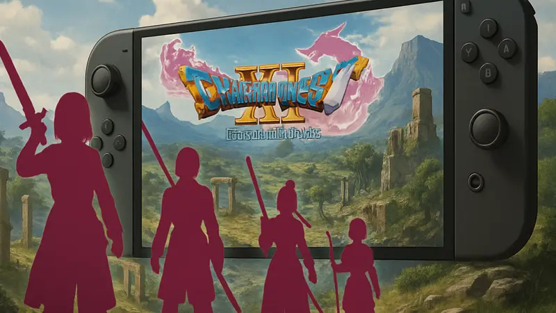 Игровой арт Dragon Quest XI S: Echoes of an Elusive Age на фоне консоли Nintendo Switch 2