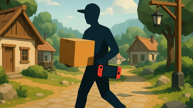 Низкополигональная графика игры Easy Delivery Co. на Nintendo Switch с персонажем, доставляющим посылку.