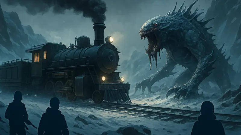 Скриншот из геймплейного трейлера Frostrail с паровозом и монстрами.