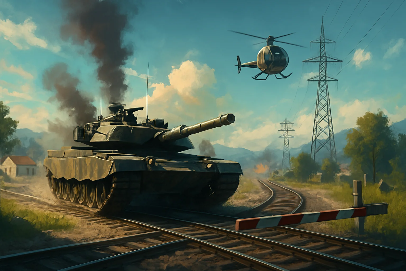 Карта Golmund Railway из Battlefield 4, танк на железнодорожном переезде, символ Killer Egg на горизонте.