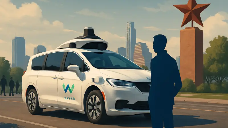 Беспилотный автомобиль Waymo на дороге, символизирующий лидерство в Техасе над Tesla
