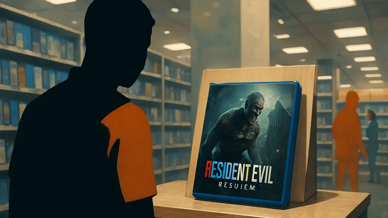 Физическая копия диска Resident Evil Requiem на прилавке магазина.